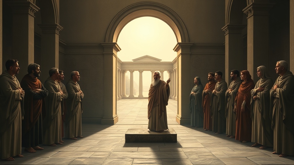 Contemplative scene: a teacher at a threshold, hourglass and gate