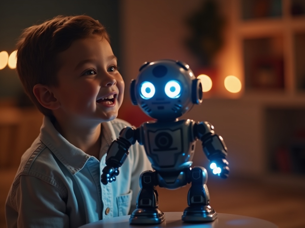 Niño jugando fascinado con el robot juguete anysun en el suelo del salón