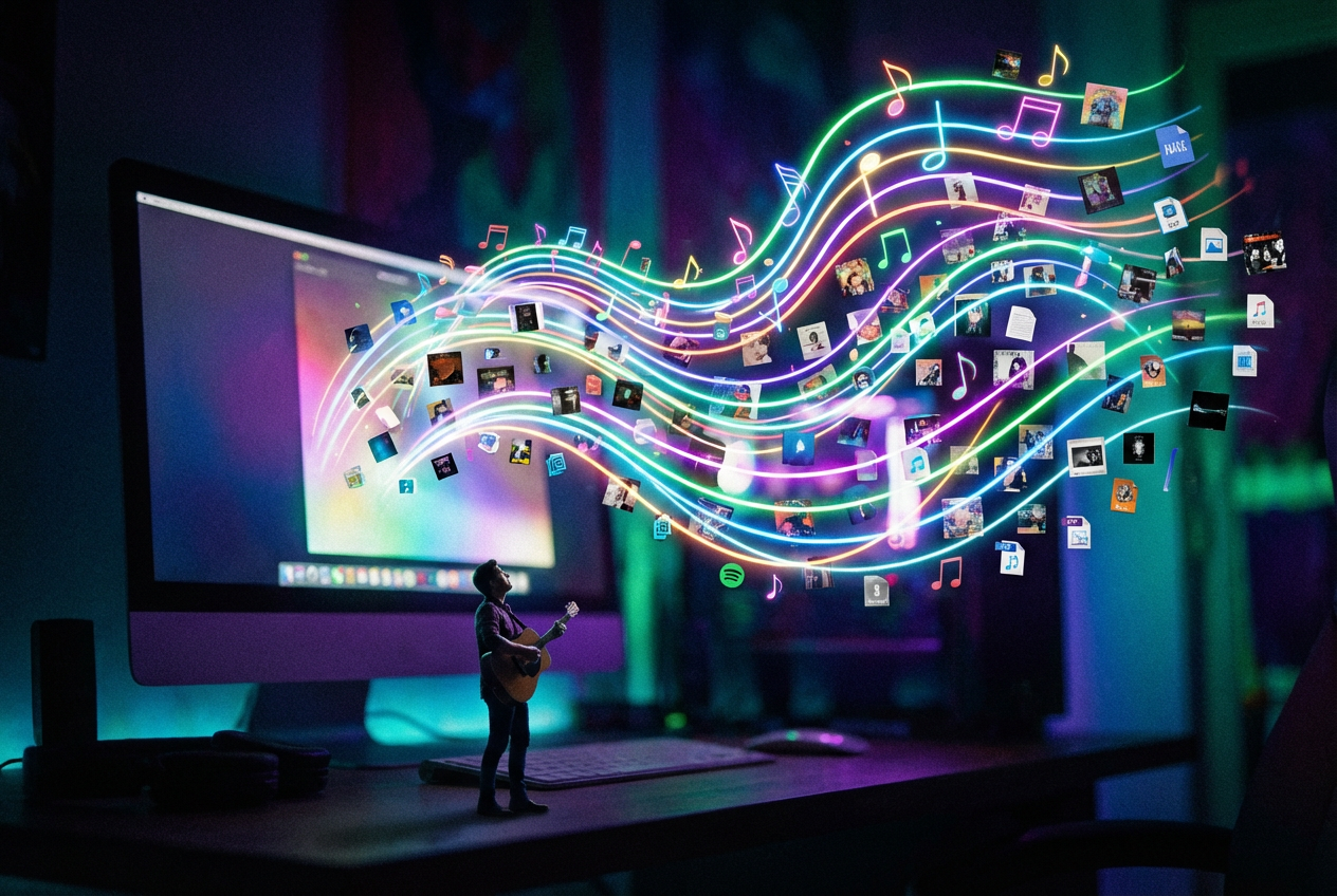 A massive wave of colorful sound waves and musical notes flooding out of a glowing computer screen, overwhelming a tiny figure of a musician standing with a guitar, looking up in awe. The wave contains thousands of tiny album covers and digital music files swirling together. Dark background with vibrant neon colors.