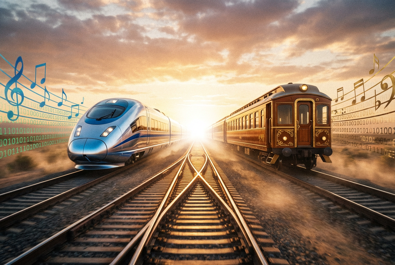 Two high-speed bullet trains heading toward each other on parallel tracks that are merging into one, with musical notes and digital code streaming behind each train like contrails. One train is sleek and futuristic in chrome and blue, the other is vintage and ornate in warm gold and wood tones. The collision point ahead glows with intense white light. Dramatic perspective from track level.