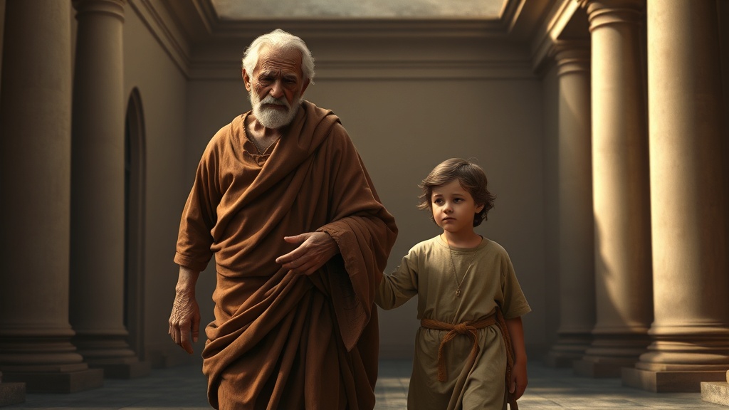 Renaissance-style painting of elderly parent and child walking through a courtyard