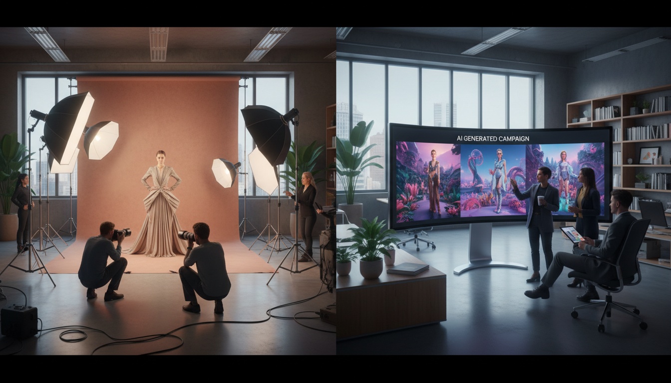 Comparação visual entre photoshoot tradicional e criação com IA