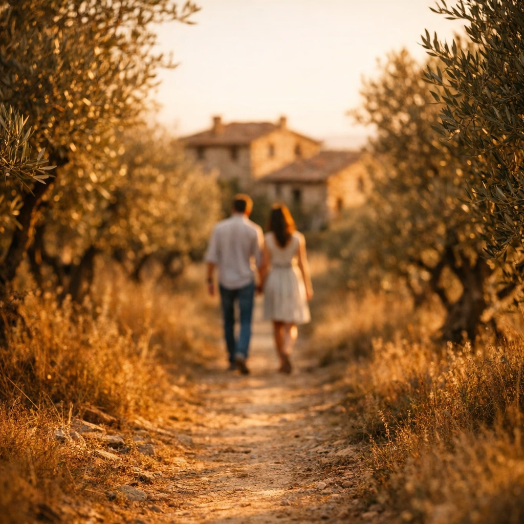 Photorealistic close-up of a narrow dirt path through an olive grove at golden hour, a couple walking hand in hand toward ...