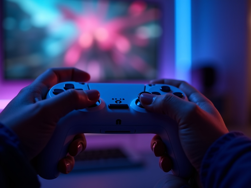 Primer plano del mando PS5 DualSense en las manos de un jugador