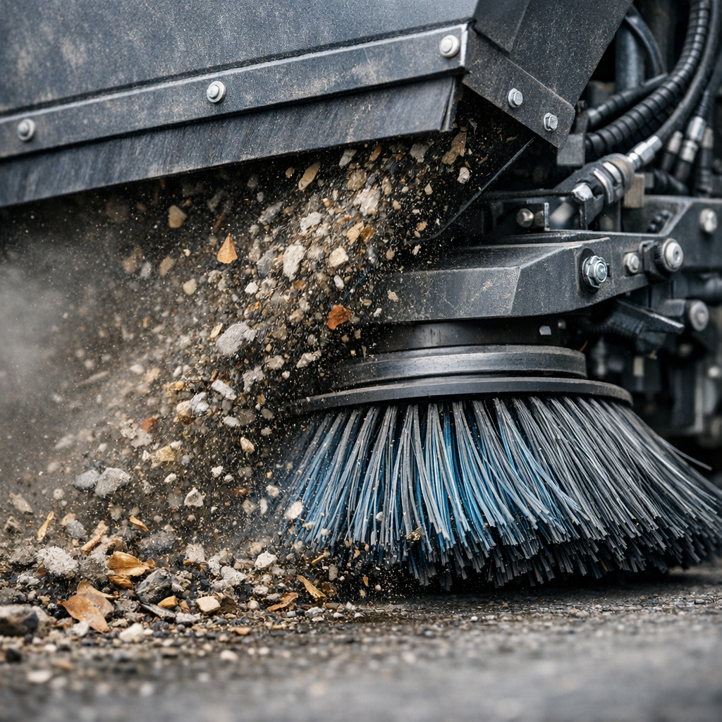 Close-up photorealistic image of a mechanical broom head and large hopper in action, mid-shot. Modern, technical feel, mut...