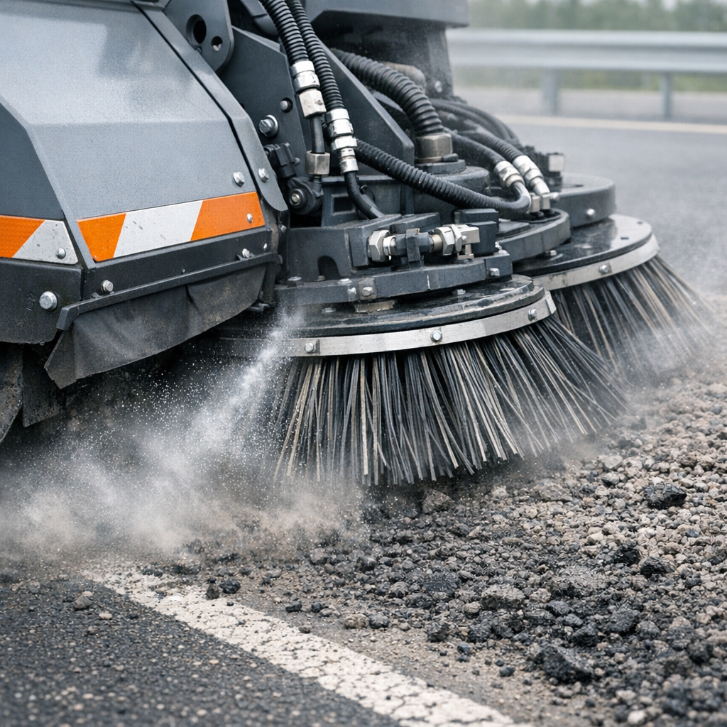 Photorealistic mid-shot of a mechanical broom close-up sweeping milled asphalt on a highway shoulder, professional and tec...