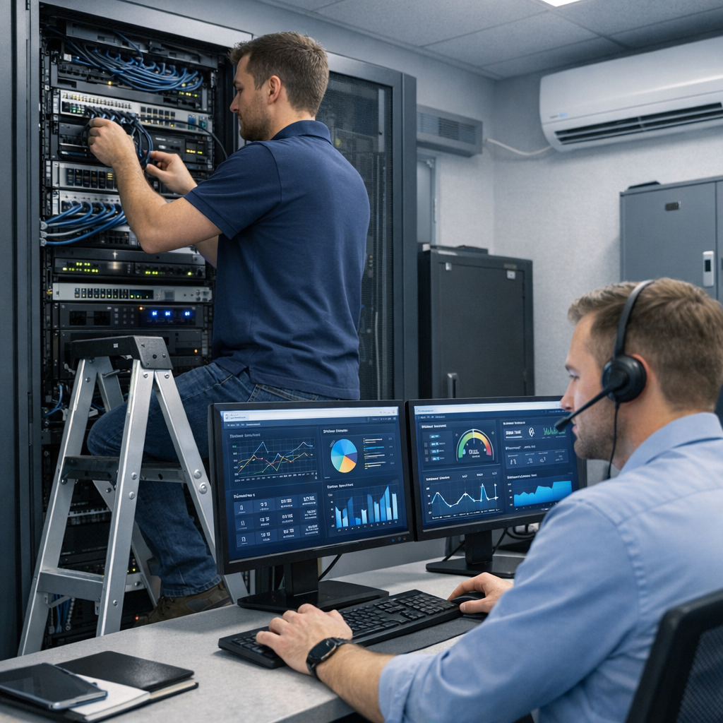 Photorealistic image of a small Phoenix office server closet and a technician on a ladder checking rack equipment, another...