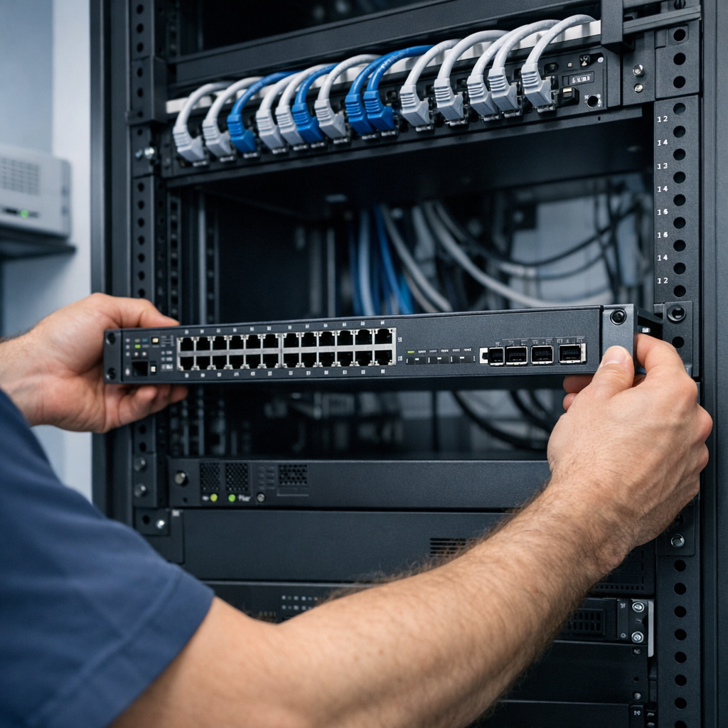 Network System Solutions | Managed IT Services Lake Havasu City | Trusted MSP. Photorealistic mid‑article image of a technician installing a rackmount network switch in a clean server closet inside a s...