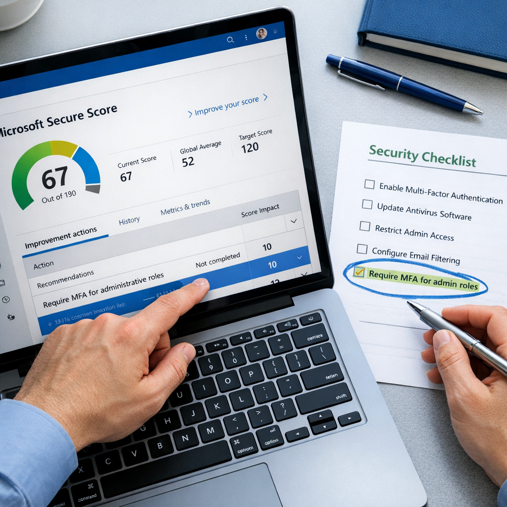 Photorealistic in-content image of a close-up laptop screen displaying Microsoft Secure Score dashboard and a printed chec...