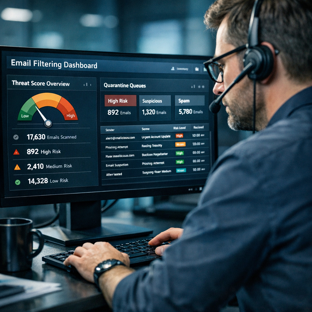 Close-up photorealistic scene of an IT security analyst at a modern workstation, viewing an email filtering dashboard with...