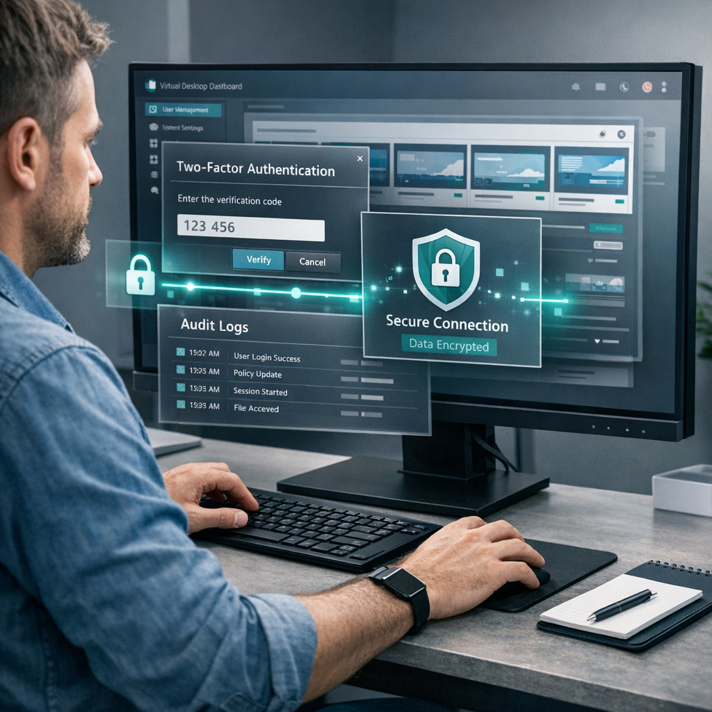 Isometric photorealistic scene of an IT admin configuring a managed virtual desktop environment on a large monitor, with v...