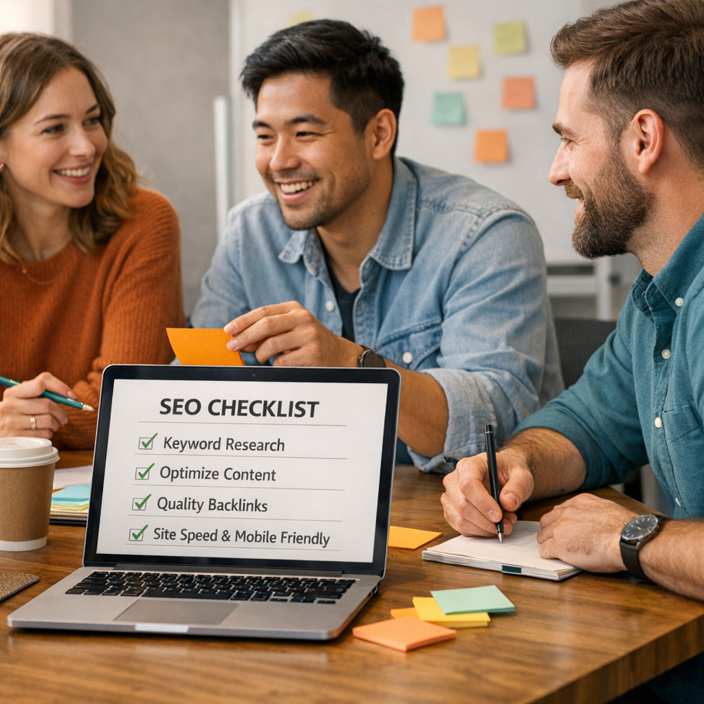 Mid-article photorealistic image of a collaborative small marketing team around a table, sticky notes and a laptop with a ...