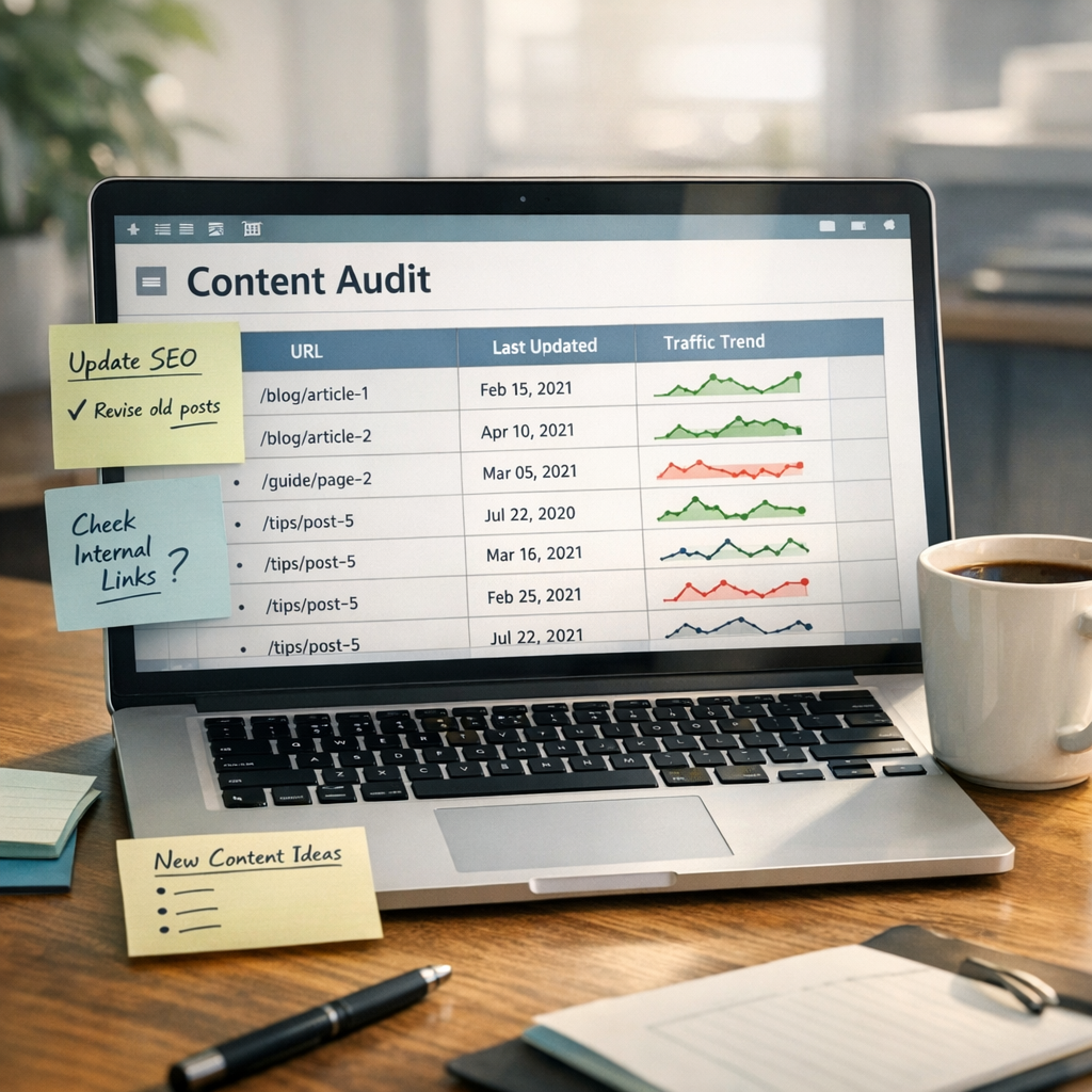 Photorealistic close-up of a content audit in progress, a laptop screen shows a spreadsheet with URL, last updated, traffi...