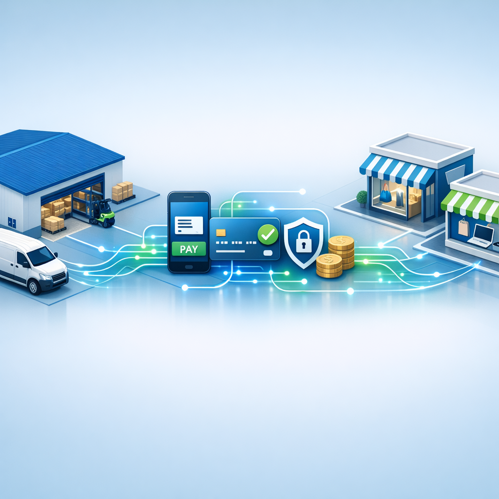 Isometric photorealistic illustration of logistics and digital storefronts: warehouse, delivery van, payment icons, and ma...