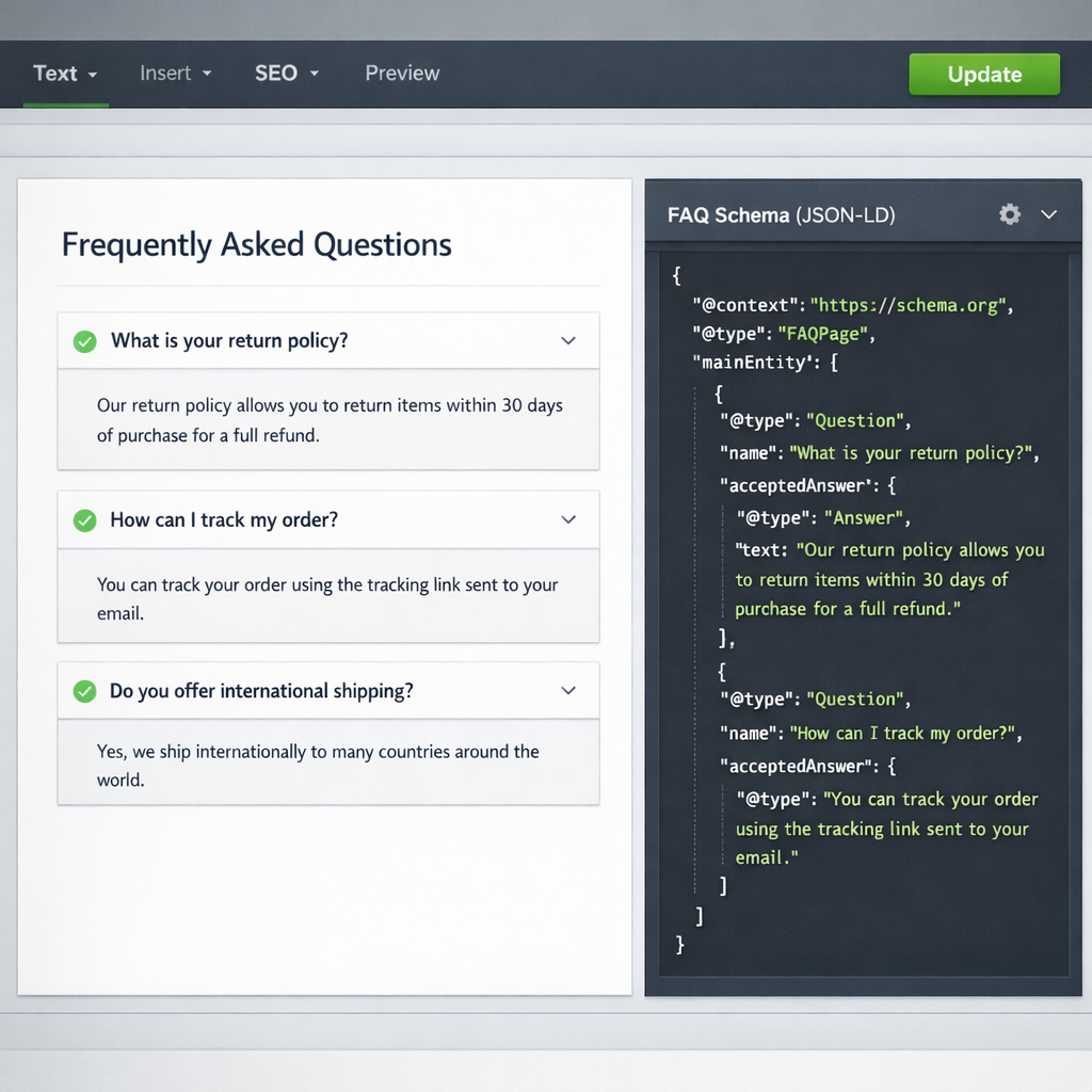 Close-up photorealistic photo of a web editor screen showing a completed FAQ block and JSON-LD snippet in a right-side pan...