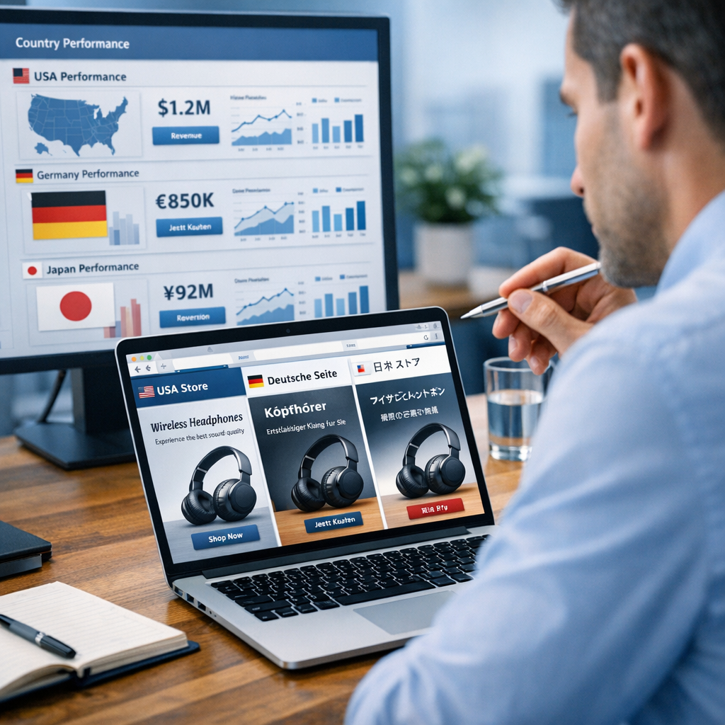 Mid-article photorealistic scene of a product manager reviewing country performance dashboards, localized product pages vi...