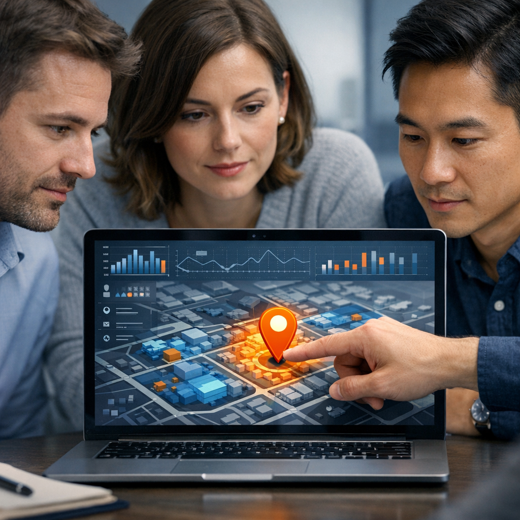 What Is Generative Engine Optimization Geo AI SEO For Local Growth 2 Modern, photorealistic mid-shot of a small team around a laptop examining a layered map with data overlays, modern illustr...