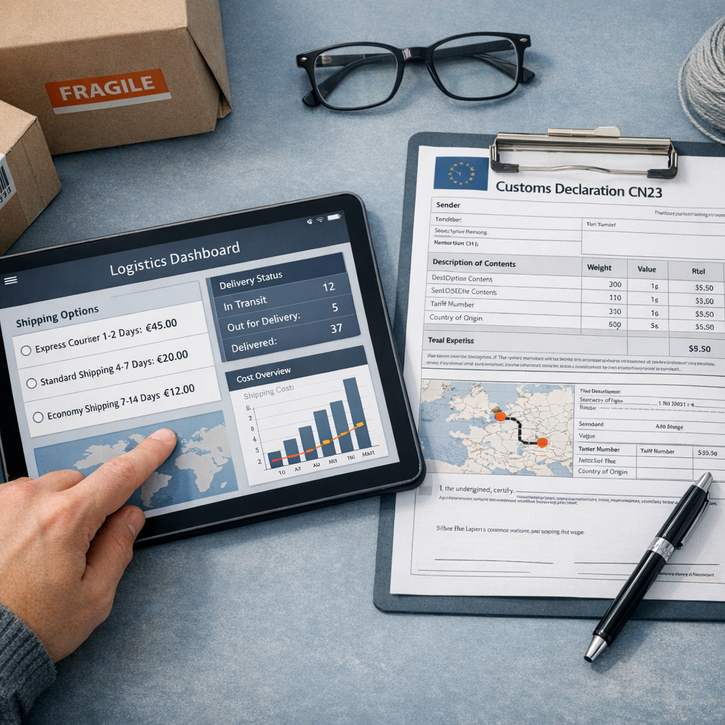 Close-up photorealistic scene of a logistics dashboard on a tablet, a merchant reviewing shipping options with labeled box...