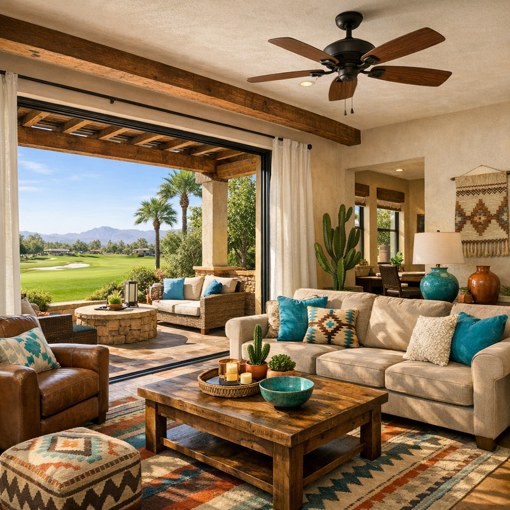 Photorealistic mid-morning shot of a stylish vacation rental living room opening onto a patio with a golf course view, mod...
