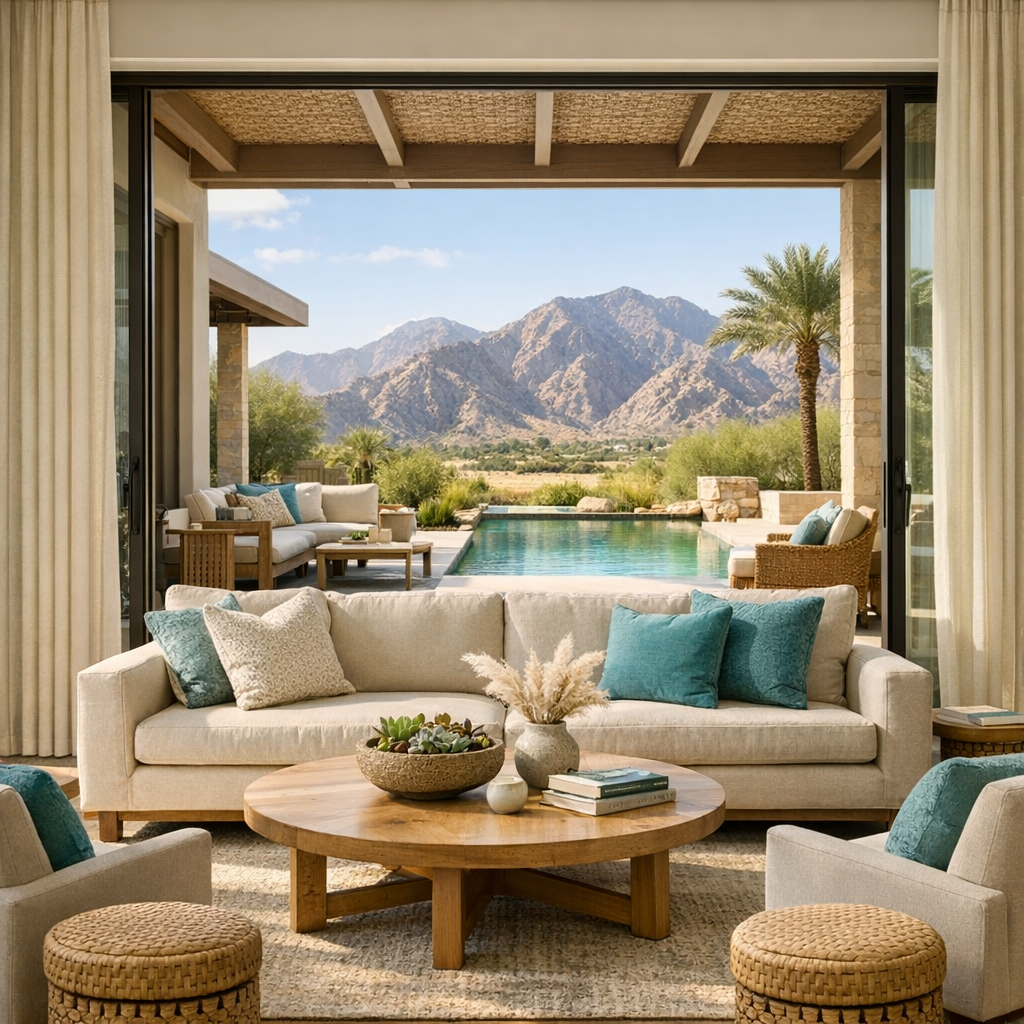 Photorealistic mid-distance shot of a luxury living room opening to a shaded patio and pool, indoor-outdoor flow with soft...