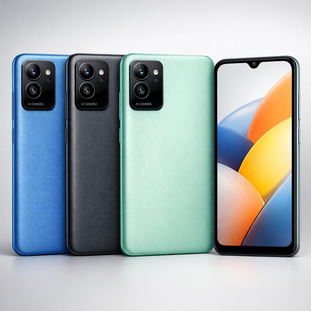 Clean in-content product shot showing three budget smartphones from the rear and front, close-up studio lighting, professi...