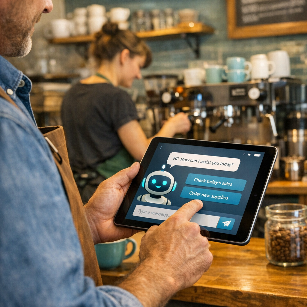A photorealistic mid-shot of a small coffee shop owner using a tablet with a friendly AI chatbot interface on screen, bari...