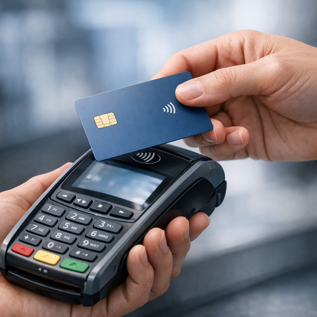 Close-up illustrative photorealistic image of hands exchanging a contactless card over a point-of-sale device, modern reta...