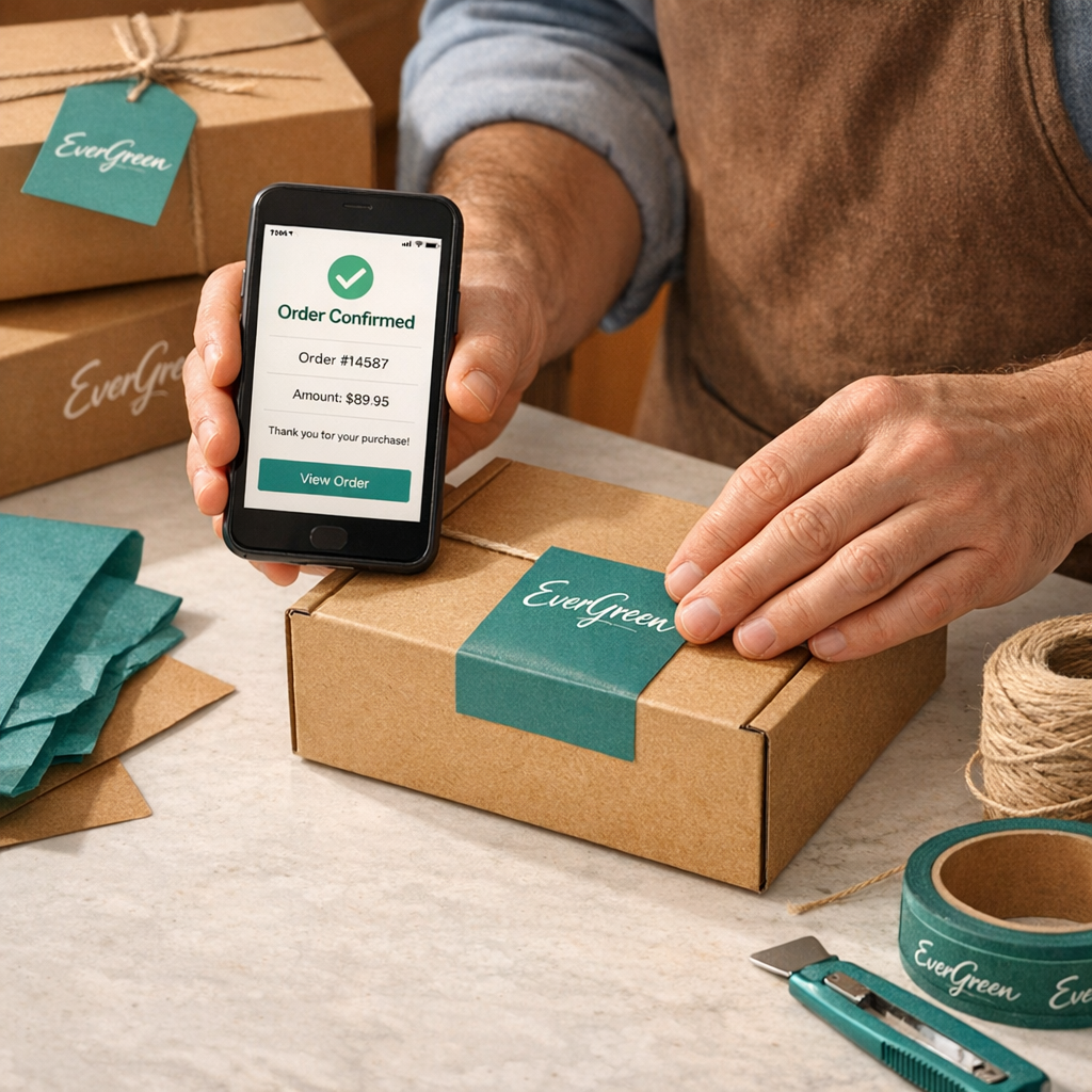 Photorealistic close-up of a merchant packing branded parcels while checking a smartphone order confirmation. Clean modern...