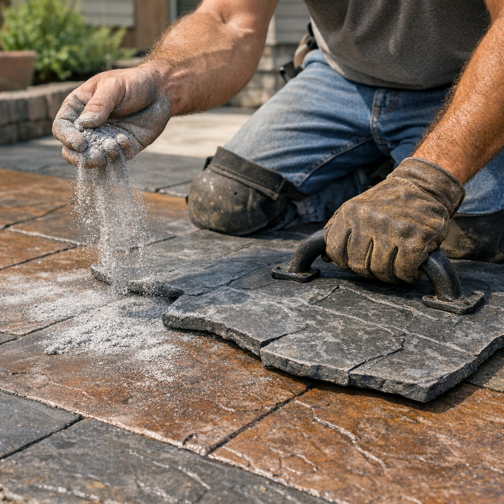 Photorealistic close-up of a contractor performing stamping and color-antique finishing on a patio slab, medium-angle shot...