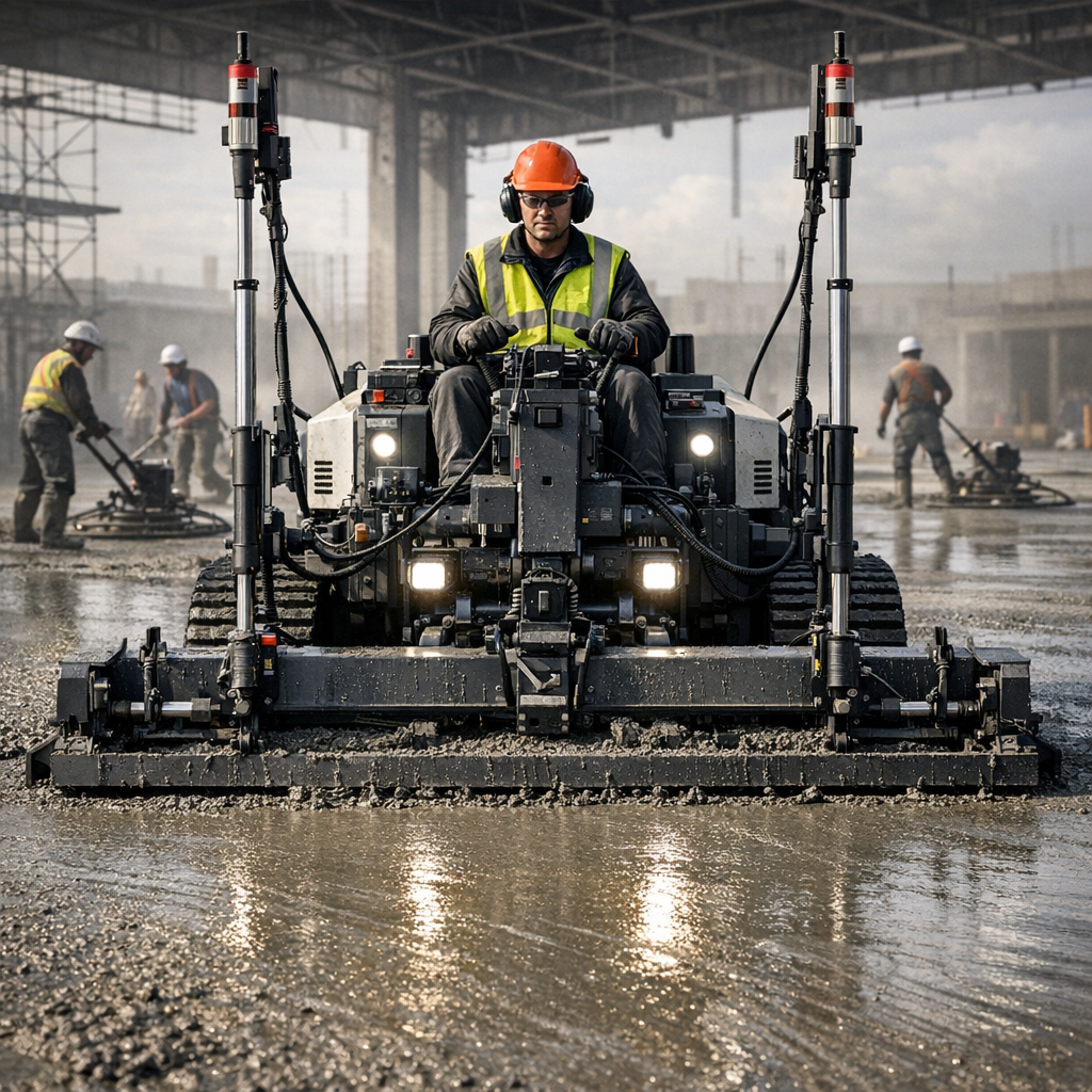 Close-up, photorealistic shot of a laser screed in operation placing a large podium slab, operator in safety gear, wet con...