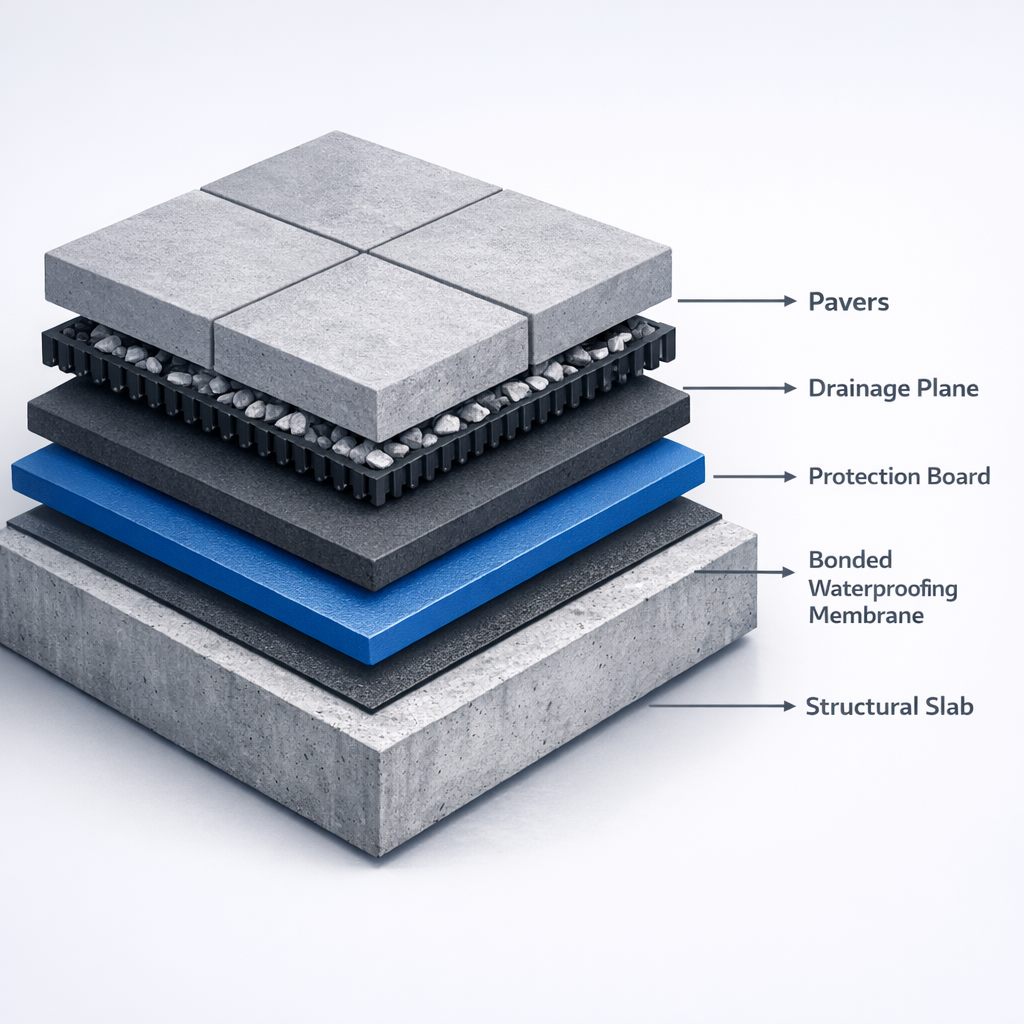 Isometric-style photorealistic mid-article image showing a podium deck cross-section with labeled layers (structural slab,...