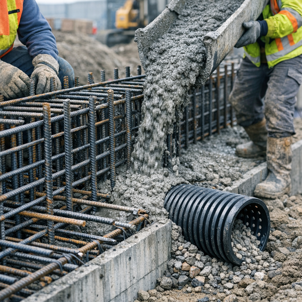 Mid-project photorealistic close-up showing workers placing reinforcement and pouring concrete for a cantilever retaining ...