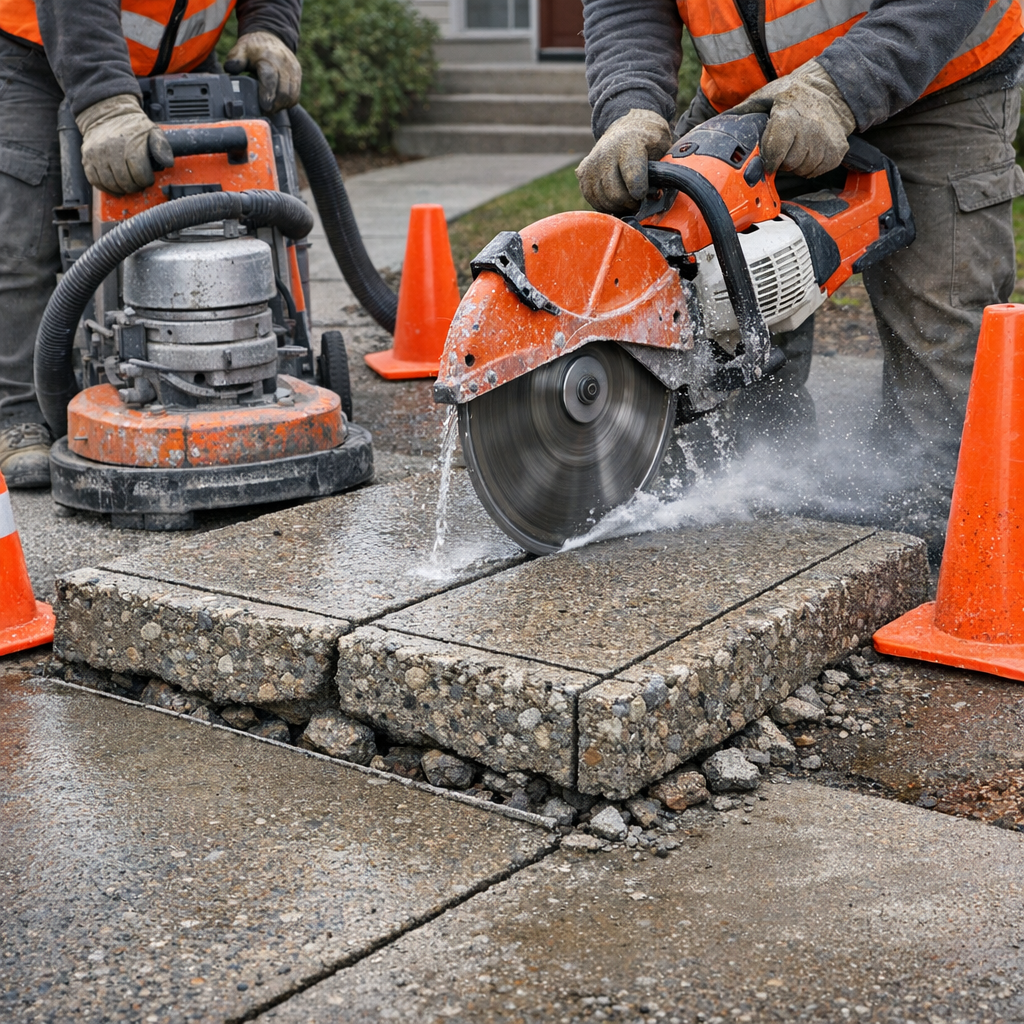 Close-up photorealistic shot of a crew using a concrete grinder and saw to remove a raised sidewalk slab, showing safety c...