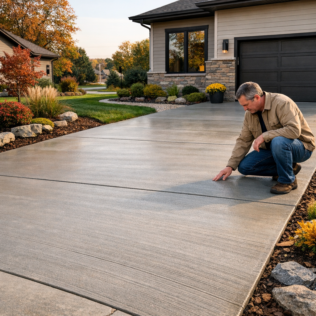 Photorealistic mid-article scene showing a finished concrete driveway next to a modern home in Des Moines, clean broom-fin...