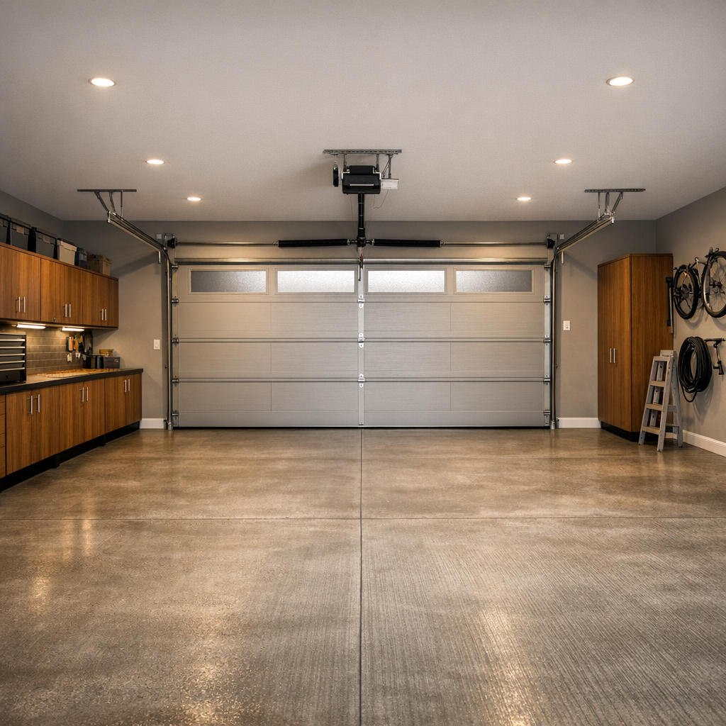 Wide interior photo showing a finished two-car garage with a smooth broom-finished concrete slab, clean lines, subtle warm...