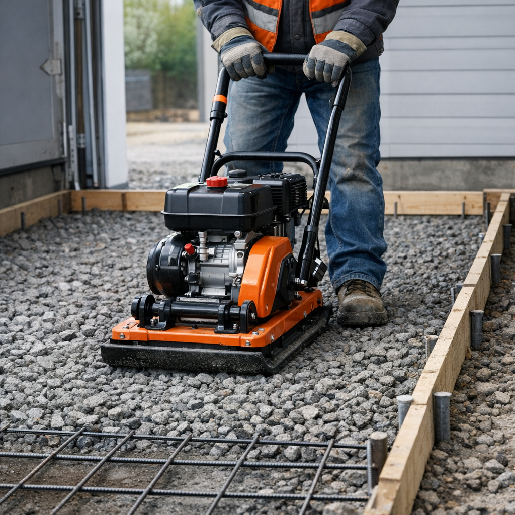 Close-up photorealistic image showing a contractor compacting crushed stone base with a plate compactor inside a garage ba...