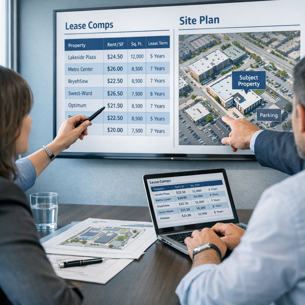 A mid-content photorealistic image showing a small team in a modern conference room analyzing lease comps and site plans o...