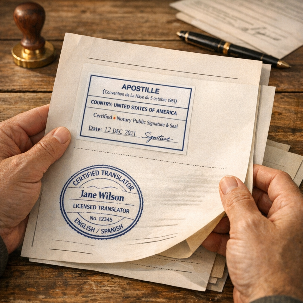 Close-up of hands holding stamped official documents on a rustic wooden table, photorealistic style, warm natural light, m...