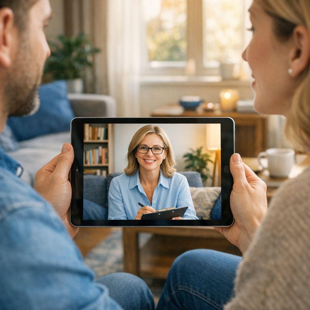 Photorealistic mid-content scene of a telehealth counseling session, close-up on hands holding a tablet showing a therapis...