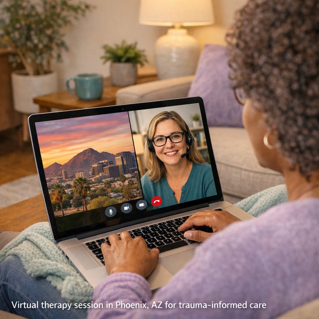 Photorealistic mid-page image showing a diverse adult in a comfortable living room using a laptop for a telehealth session...