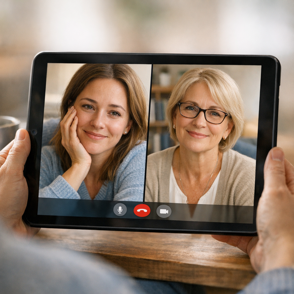 A close-up photorealistic image of a patient and therapist in a warm virtual session on a tablet screen, split-screen comp...