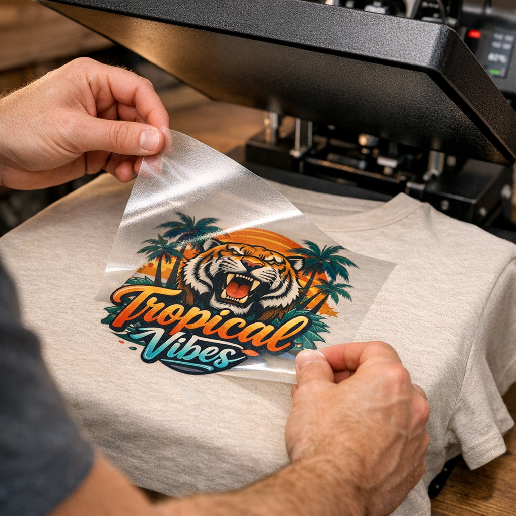 Close-up in-content photo of a heat press operator applying a DTF transfer to a t-shirt. Photorealistic, action shot showi...