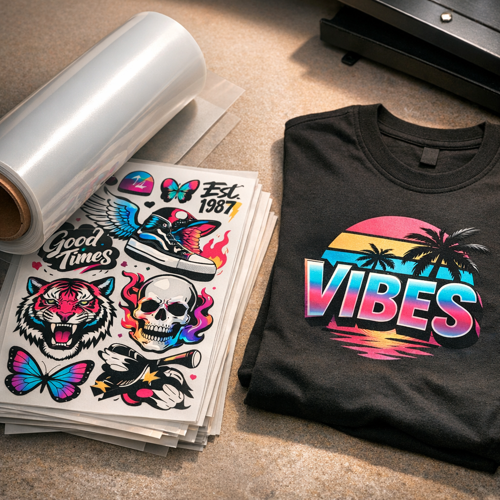 Close-up photorealistic shot of a roll of DTF film, a stack of printed DTF transfers on a gang sheet, and a heat-pressed s...