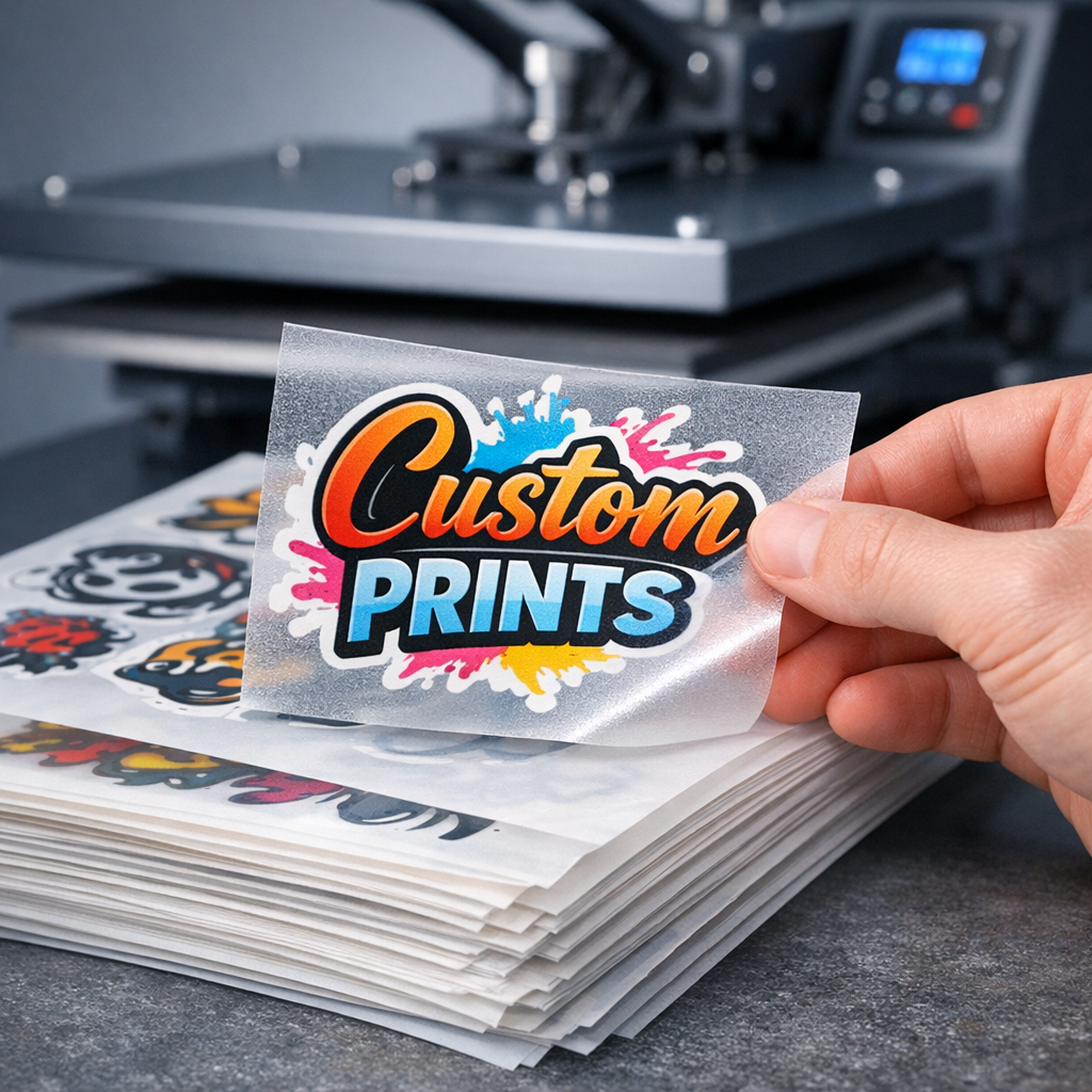 Close-up photorealistic shot of a stack of printed DTF decal sheets and a heat press in the background. Focus on texture a...