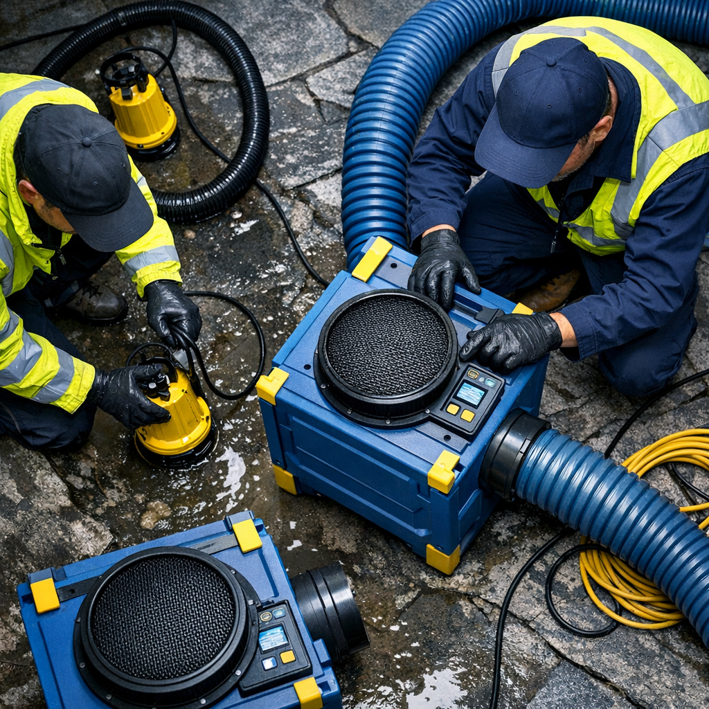 Close-up photorealistic shot of technicians using submersible pumps and HEPA air scrubbers in a Basalt basement, focused c...