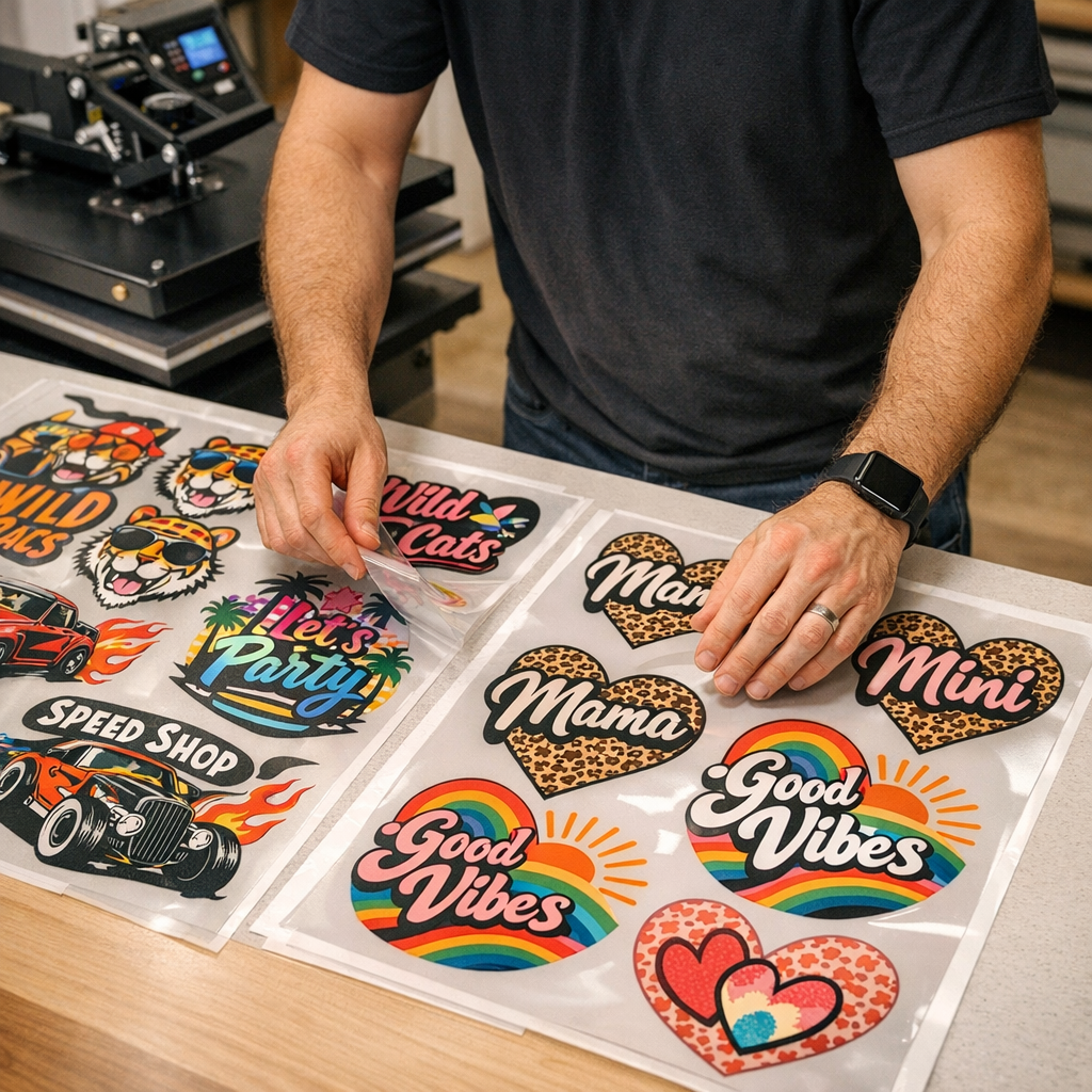 Close-up photorealistic image of a technician laying out gang sheets on a worktable, close overhead view, clean modern sho...