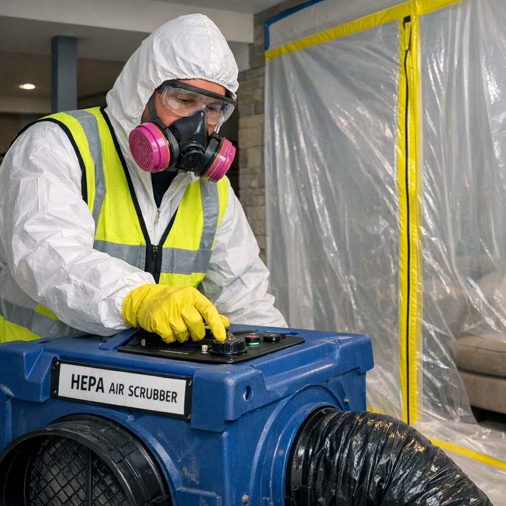 Close-up photorealistic image of a certified technician in PPE setting up a HEPA air scrubber and containment plastic shee...