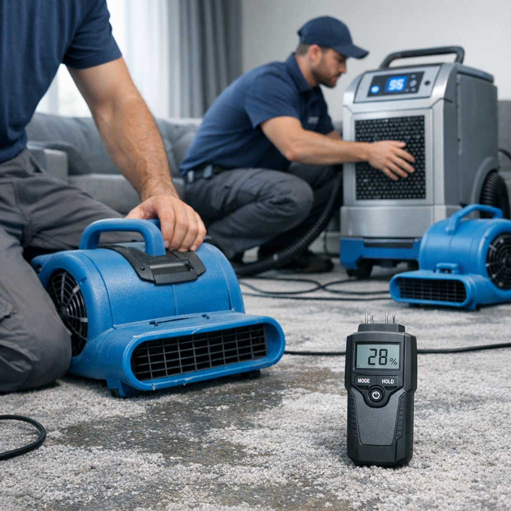 Photorealistic mid-shot of technicians setting air movers and a commercial dehumidifier inside a living room being dried, ...