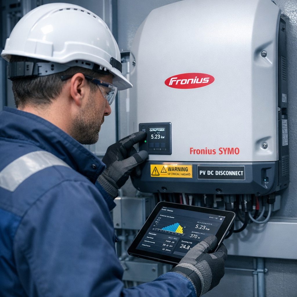 Photorealistic mid-shot of a technician inspecting an inverter and monitoring tablet inside a clean electrical room, close...
