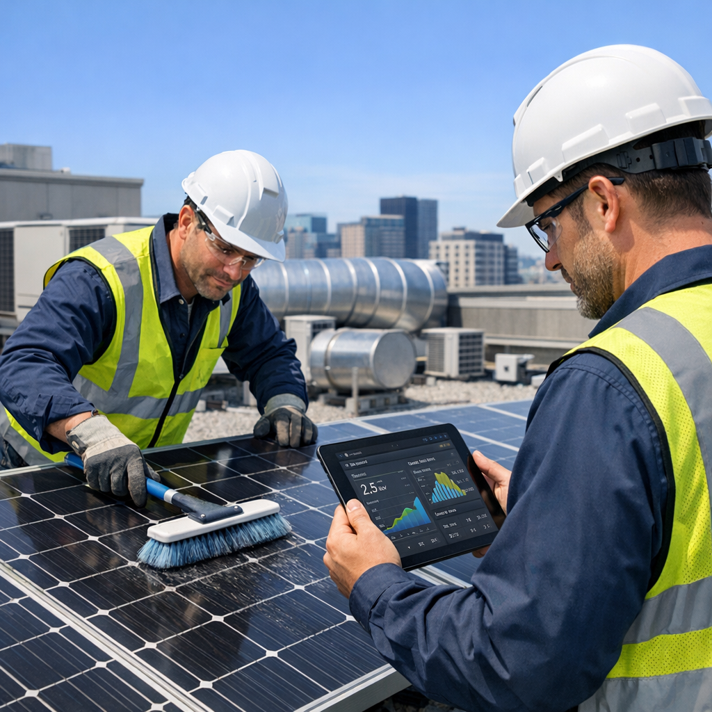 Photorealistic close-up of a commercial rooftop scene showing a maintenance technician cleaning a solar panel with a soft ...